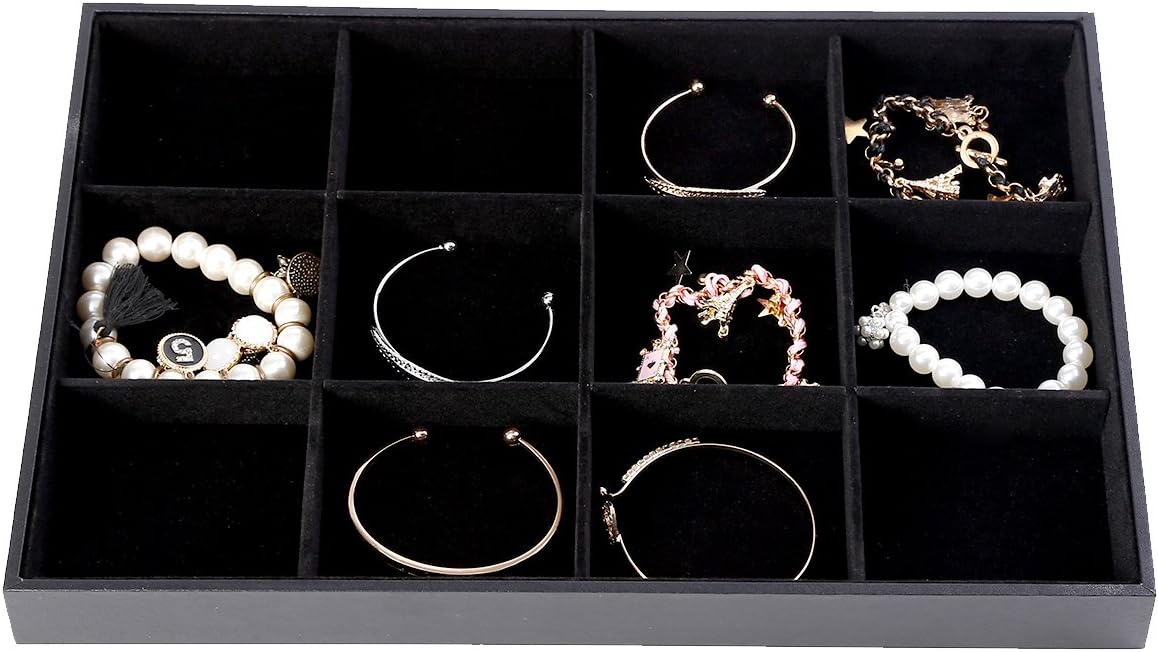 Soaptree Black Velvet 12 Grid Jewelry Tray Stackable Showcase Display Organizer , 1 Piece(12 Grid Jewelry Tray)