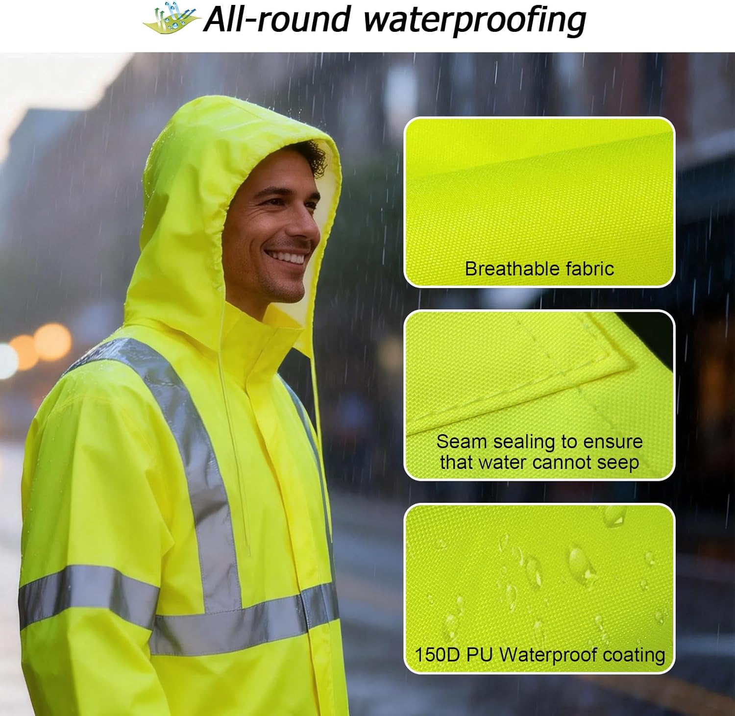 Hi Vis Rain Jacket Rain Suits for Men, High Visibility Waterproof Rain Coat with Hood, Class 3 Lightweight High Vis Rain Gear for Outdoor Activities& Safety Work, Men Women, Yellow T, L-XL - Image 5