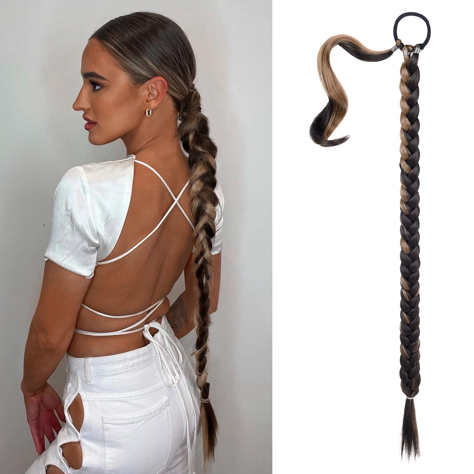SEIKEA Long DIY Braided Ponytail Extension with Hair Tie Straight Wrap Around Hair Extensions Ponytail Natural Soft Synthetic Hairpiece Deep Brown