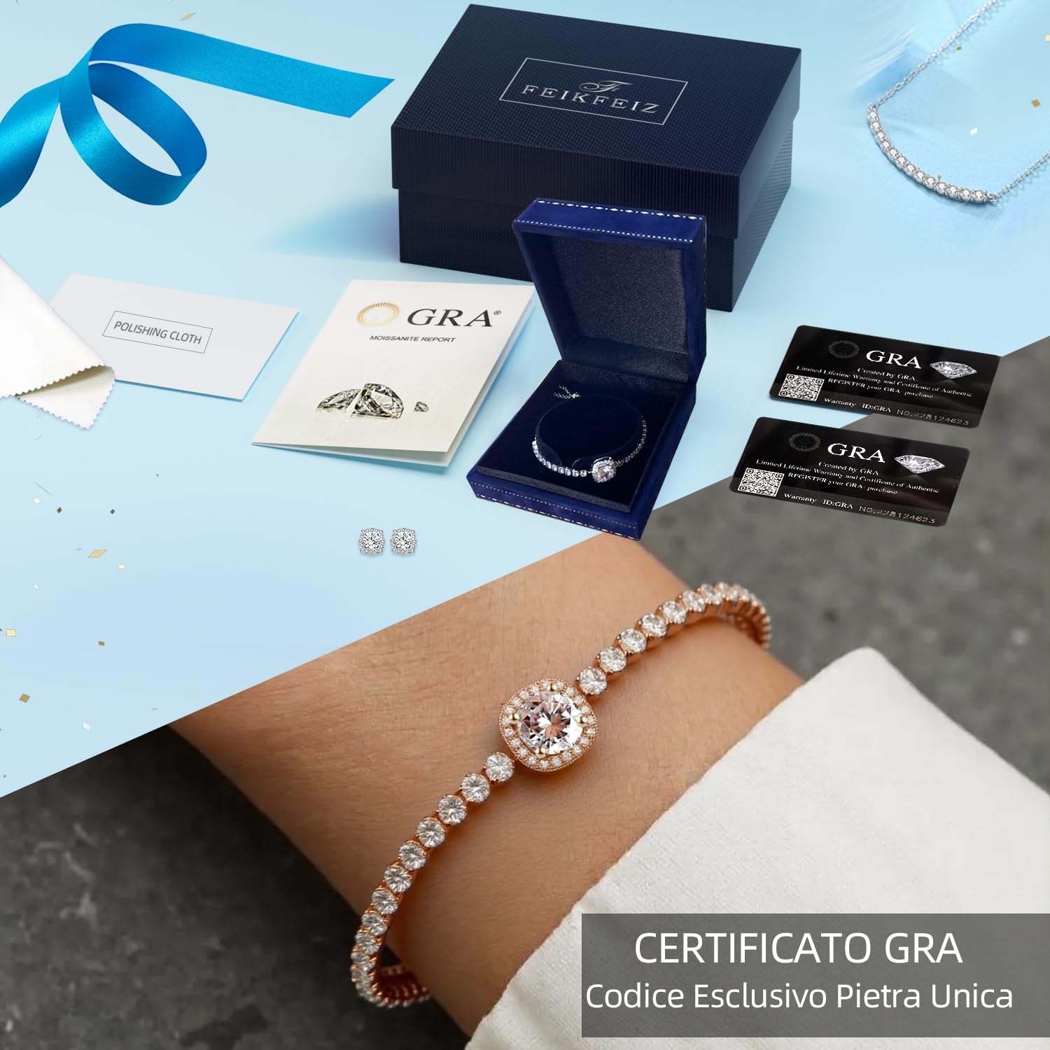 FEIKFEIZ Braccialetto in moissanite a forma di tennis, 2CT 8mm in moissanite coltivato in laboratorio, rivestito in oro rosa 18K, braccialetto d'oro regolabile per donna, regalo di gioielli.