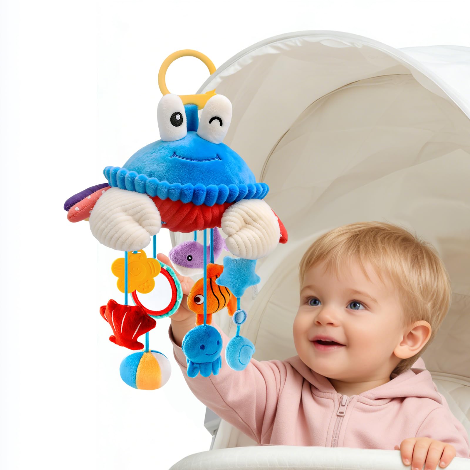 Car Seat Toys for Babies 0-6 Months, Hanging Sensory Crab Plush Toy for Stroller, Crib & Play Gym, Clip-On Montessori Infant Activity Toy with Mirror,