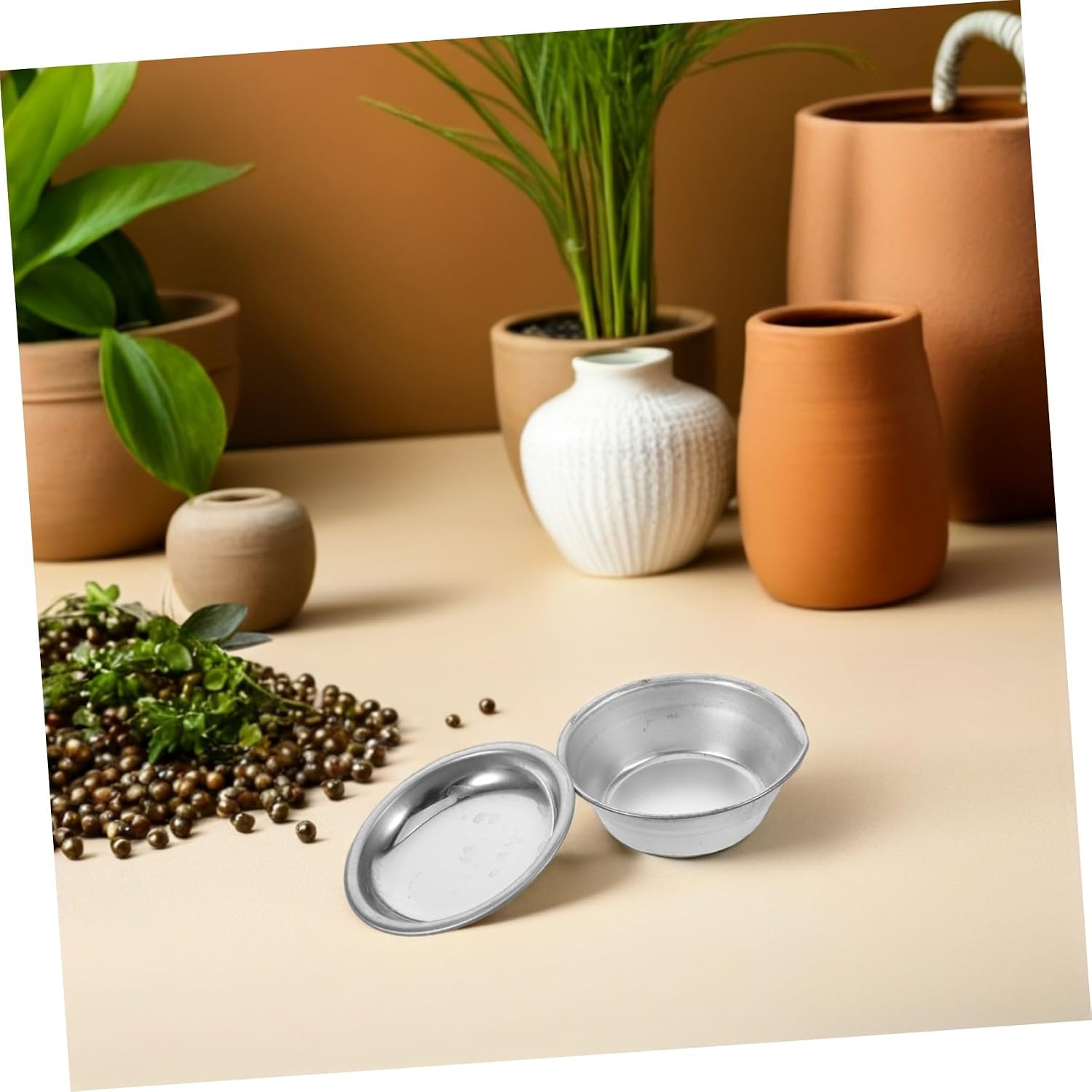 ABOOFAN 20pcs Stainless Steel Round Paint Tray with Easy Pour Spout, Versatile Foundation Mixing Tray for Studio Work and Miniature Painting