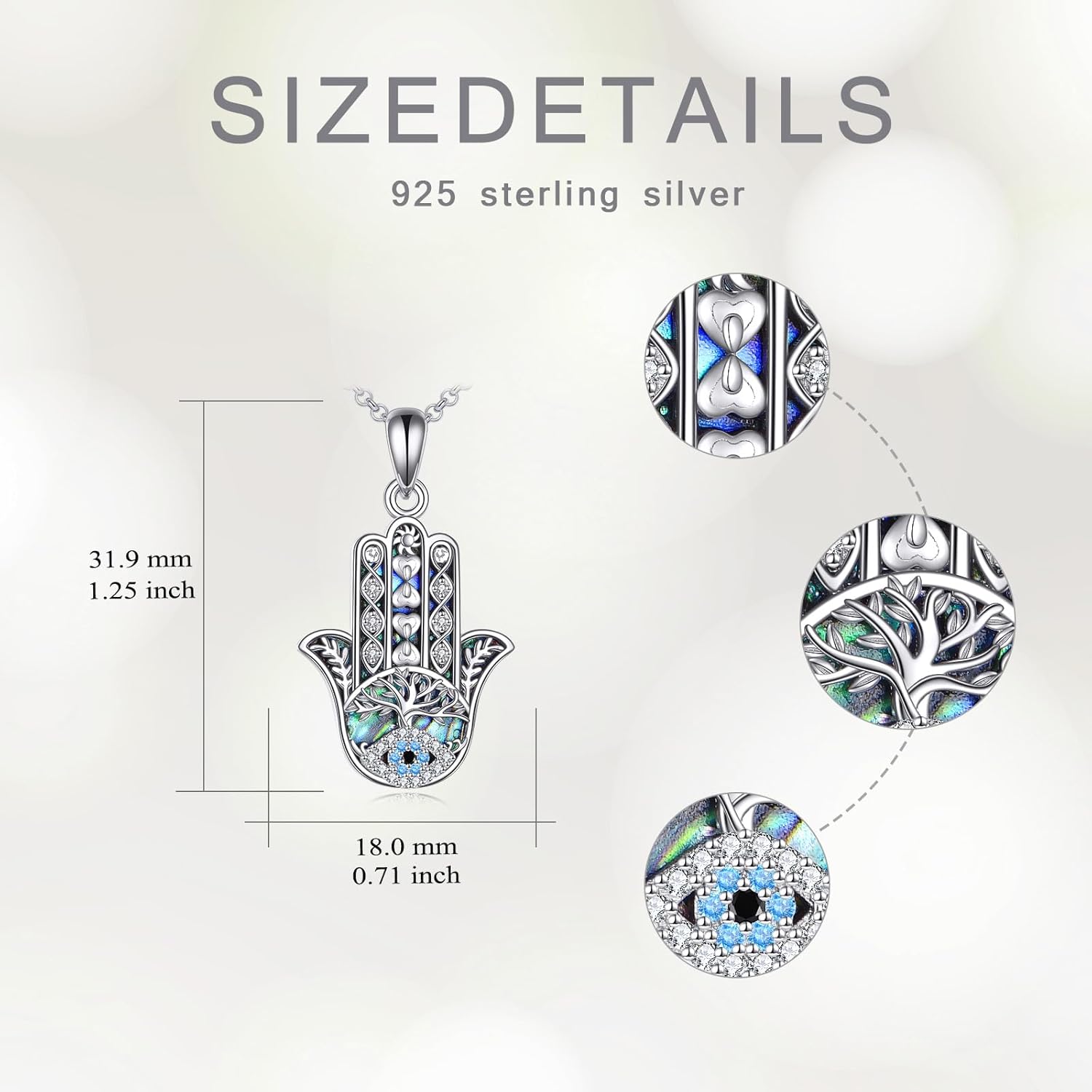 Hamsa Hand Evil Eye Necklace 925 Sterling Silver Hand of Fatima and Tree of Life Abalone Shell Pendant Necklaces Jewelry Gifts for Women Men, 18"+2" - Image 5