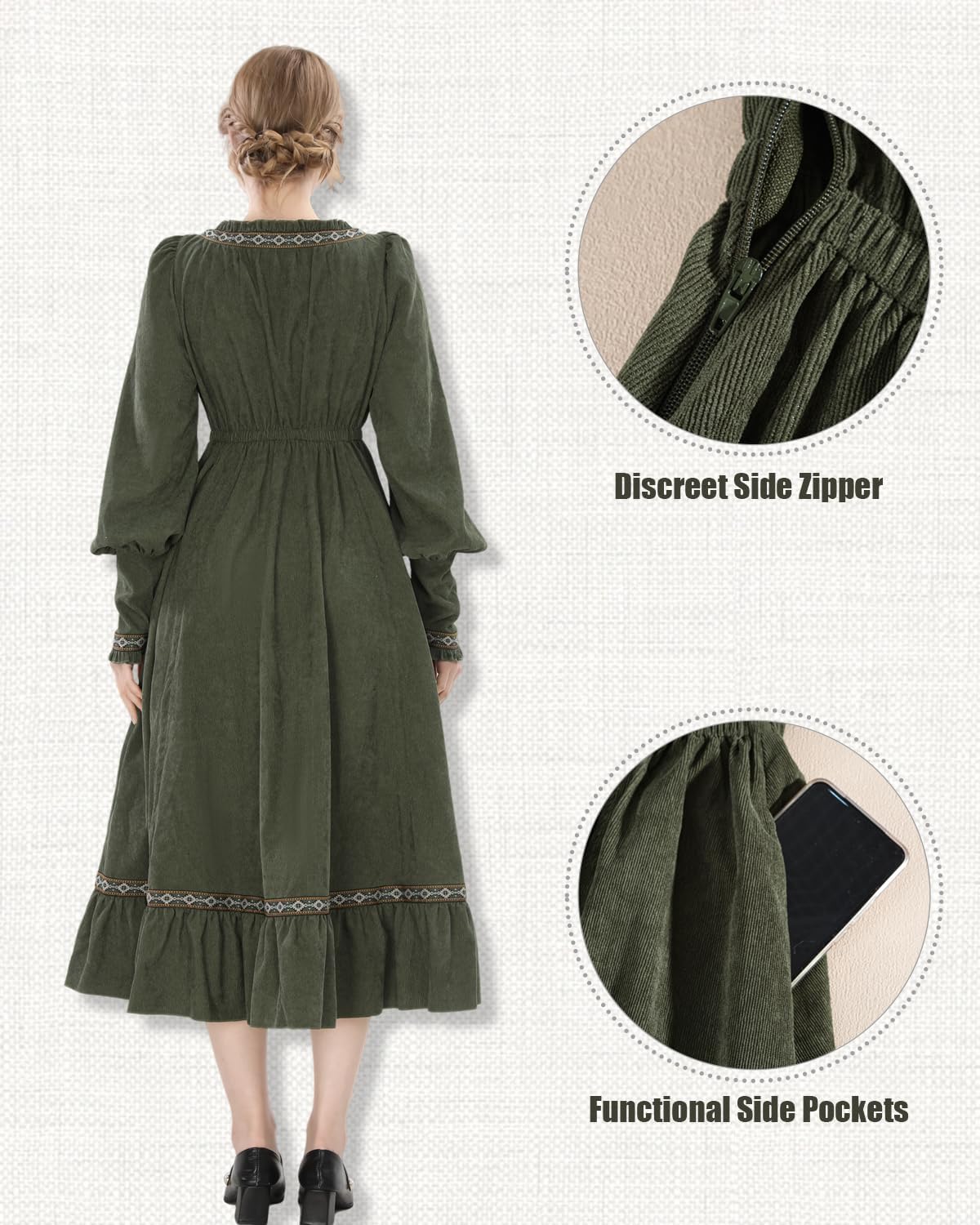 NSPSTT Victorian Dress for Women Green Renaissance Dress Plus Size V Neck Long Sleeve Medieval Costume - Image 6