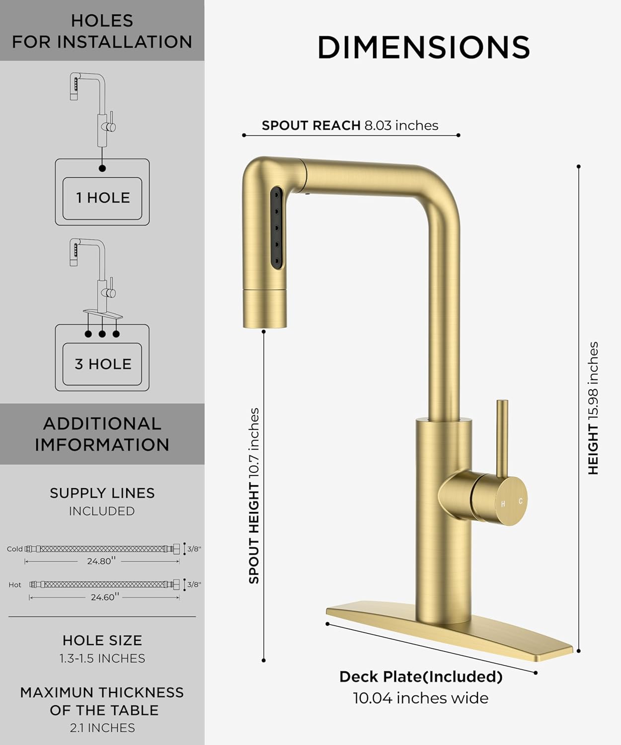 FORIOUS Gold Waterfall Kitchen Faucet with Pull Down Sprayer, 5 Spout Mode Stainless Steel Single Handle 360° Swivel Classic Kitchen Sink Faucet with Deck Plate for 1 or 3 Hole for Bar Rv