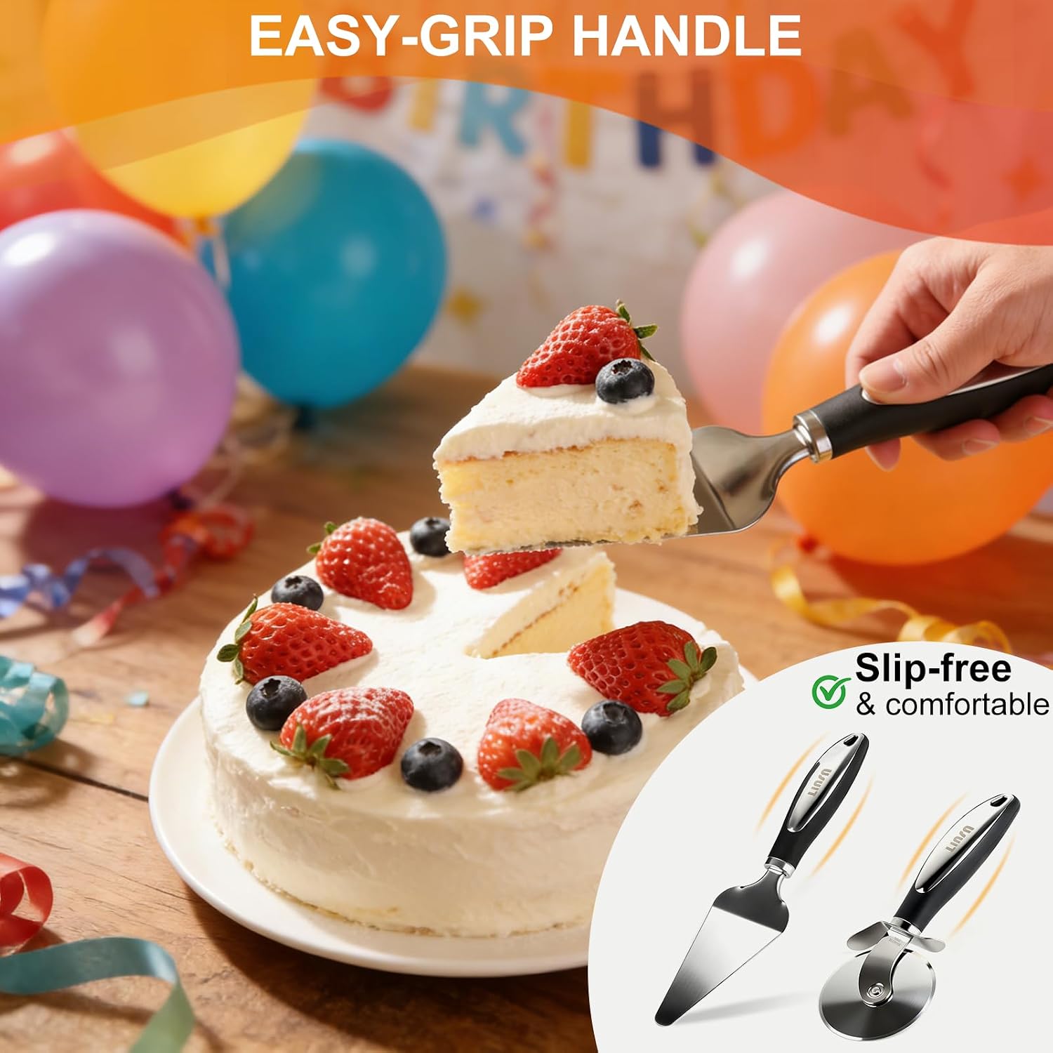 Premium Pizza Cutter Wheel and Server Set, Sharp Blade For Cutting Through Crusts, Pies and More, Built In Finger Guard for Safety and Comfort Grip to Protect Fingers, Dishwasher Safe