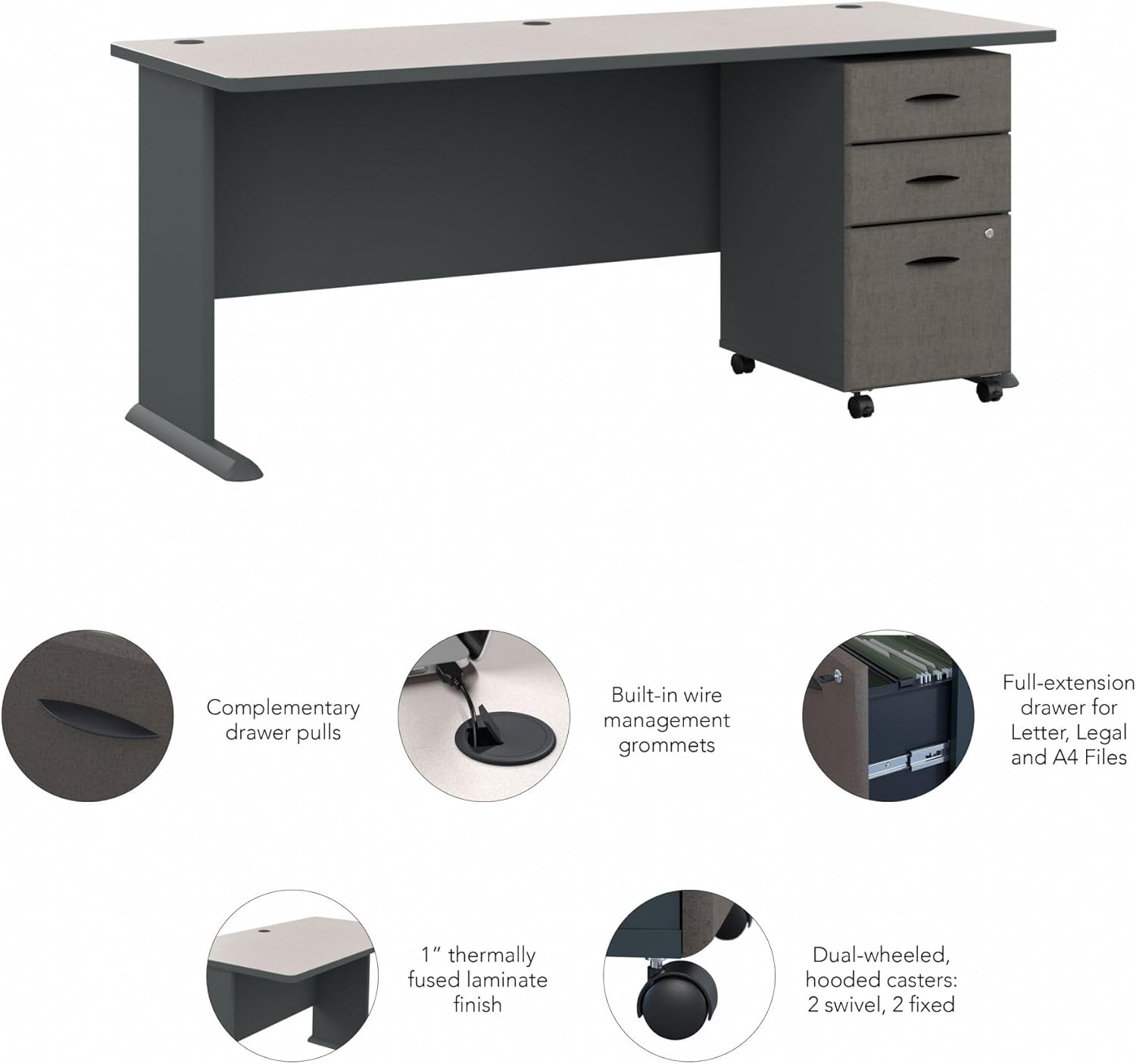 Bush Business Furniture Series A 72W Desk with Mobile File Cabinet in Slate and White Spectrum
