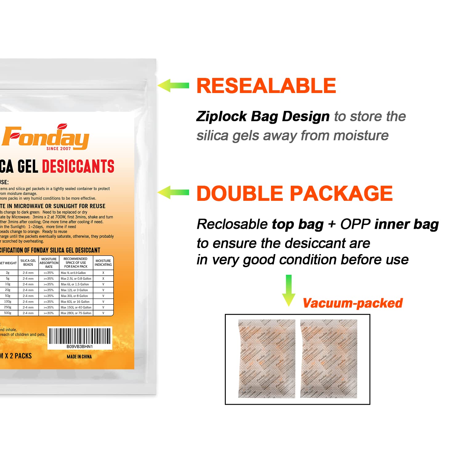 Buy 500Gram [2 Packets] Fonday Rechargeable Silica Gel Desiccant Packets Food Grade Fast