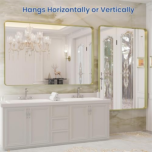 Miniatura 5 de Espejo de baño dorado, espejo de baño dorado cepillado de 40 x 30 pulgadas, espejo rectangular redondeado de baño dorado para pared, vidrio