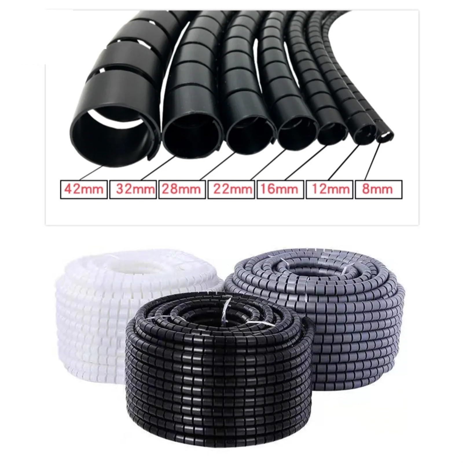 Organizador de Cables en Espiral Flexible, Protector Cable Almacenamiento, Tubo PE, 1/3/5/10 Metros, 8/12/16/22/28/32/42mm Pasacables Suelo(White,42 MM_10 Meters)