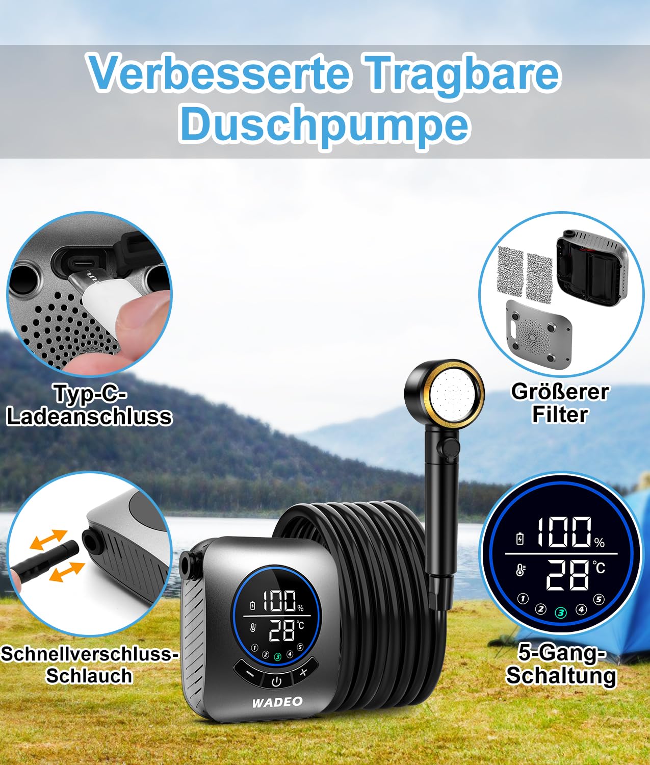 WADEO Tragbare Dusche mit Pumpe, 8000mAh wiederaufladbare Campingdusche mit LED-Anzeige, Schnellkupplungsschlauch, 4 Sprühmodi, IPX8 wasserdichte Outdoor-Camp-Pumpe für Wandern Camping Reisen Auto
