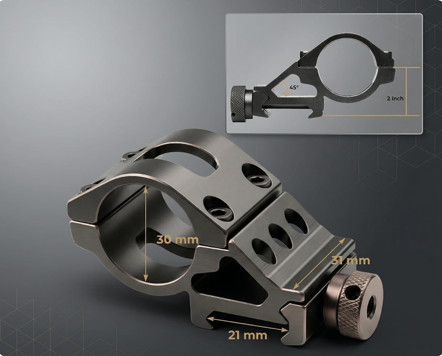 Quick Release Side 30mm Ring Offset 20mm Rail Clamp for Flashlight Laser Scope Mount Picatinny 45 Degree Hunting & Durable