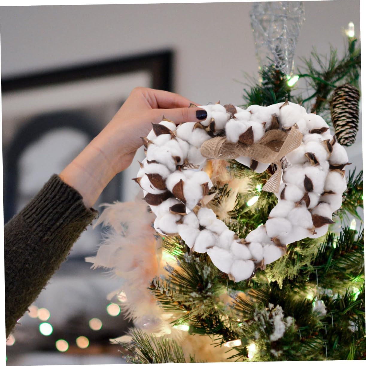VOSAREA Home Decor Cotton Wreath Farmhouse Decor Rattan Garland Ornament Heart Rustic Wedding Wreath Front Door Fireplace Window Vintage Wedding Decor