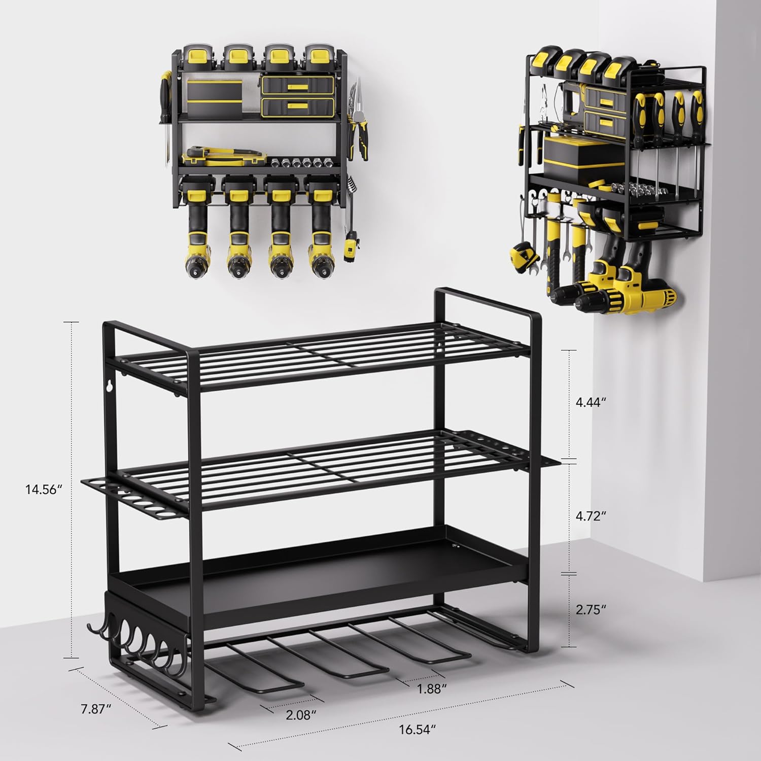 Power Tool Organizer, Metal 4 Layer Heavy Duty Drill Holder, 4Tier Wall Mount Garage Tool Organizers and Storage with Screwdriver/Pliers/Hook Holder,Red Utility Racks gifts for men
