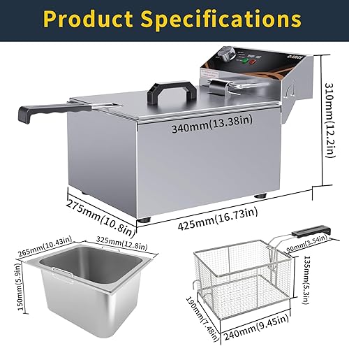 Miniatura 2 de Freidora eléctrica comercial, freidora de 10 litros con cesta para uso doméstico, freidora de acero inoxidable de 1500 W, papas fritas individuales