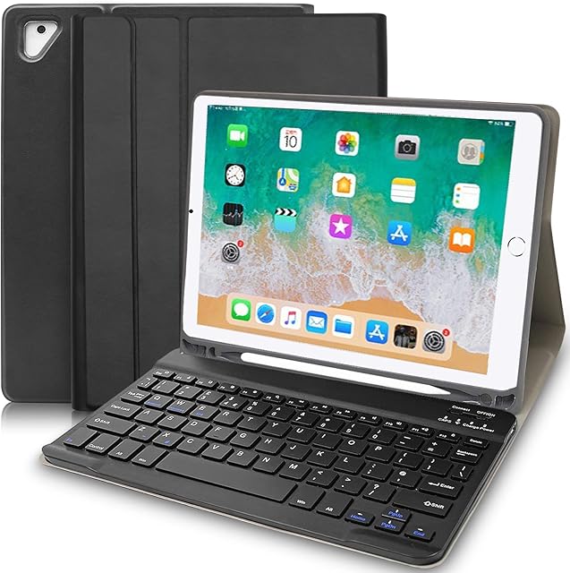 Keyboard Case for 9.7 Inch iPad 6th Generation 2018/5th Gen 2017/iPad Pro 9.7/ iPad Air 2/ iPad Air 1- Slim Protective Case with Apple Pencil Holder and Wireless Detachable Keyboard (Black)