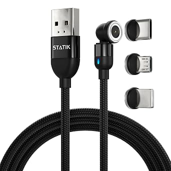Statik 360 Magnetic Charging Cable - Type C Charger 3 in 1 USB C to USB C Cable, Micro USB & iProduct Tips, USB A Adapter, Phone Charger Cord, Compatible with All Devices - 1st Gen Black 3FT