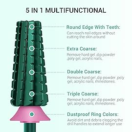 MelodySusie Super Cut Edition 5 in 1 Nail Drill Bits, 3/32\'\' Carbide Tungsten Multi-function Bits, Suitable for Manicure Pedicure Cuticle Gel Polishing, Green, Series Bit-M, Triple Coarse