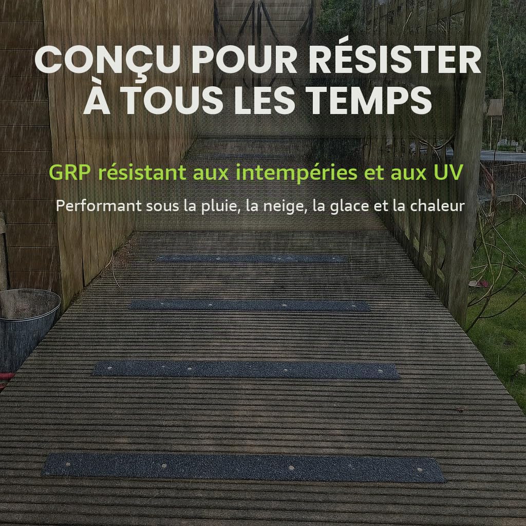 Bandes antidérapantes en PRV pour terrasses - Lot de 5 (50 mm x 400 mm) | Marches de sécurité antidérapantes pour terrasses en bois | Bandes antidérapantes pour sols extérieurs (noires)