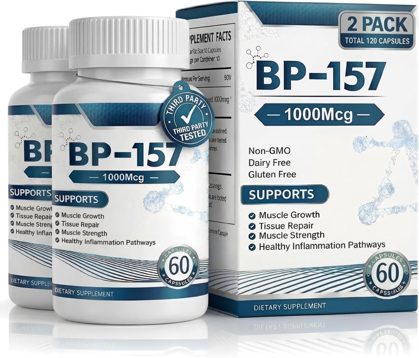 BPC 157 Peptide Capsules 1000Mcg, Support Muscle Growth, Tissue Repair, Strength, and Promote Digestive and Overall Health. Total 120 Capsules - 2 Bottle
