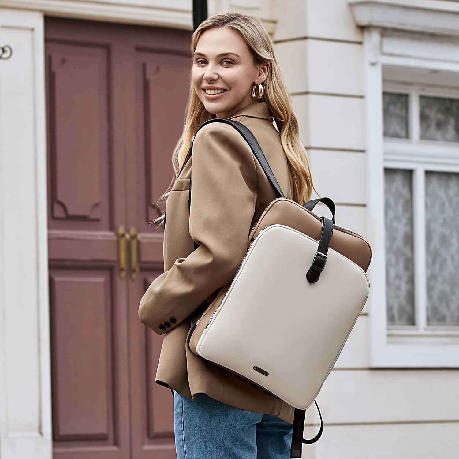 CLUCI Leather Backpack for Women, 15.6 inch Laptop Bag, Large Genuine Work Backpack Travel Back - Image 2