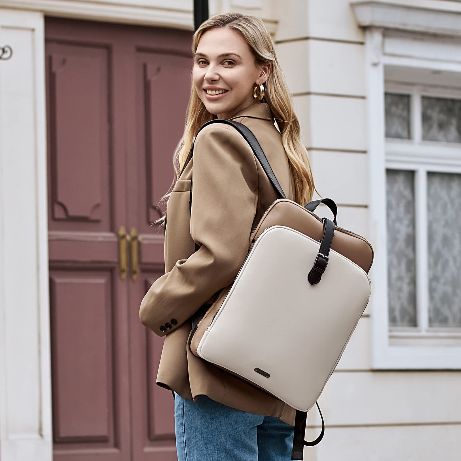 CLUCI Leather Backpack for Women, 15.6 inch Laptop Bag, Large Genuine Work Backpack Travel Back — Amazon image 3