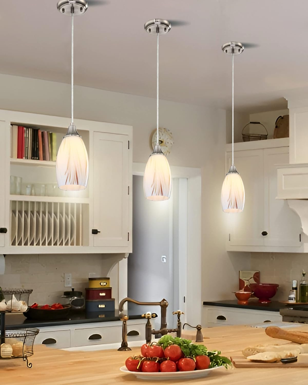 Mini Milk Glass Pendant Lights,Handcrafted Art Glass Pendant Hanging Light fixtures with Brushed Nickel Finish Adjustable Cord Glass Pendant Light Shade for Kitchen Island,Hallway,Dining Room