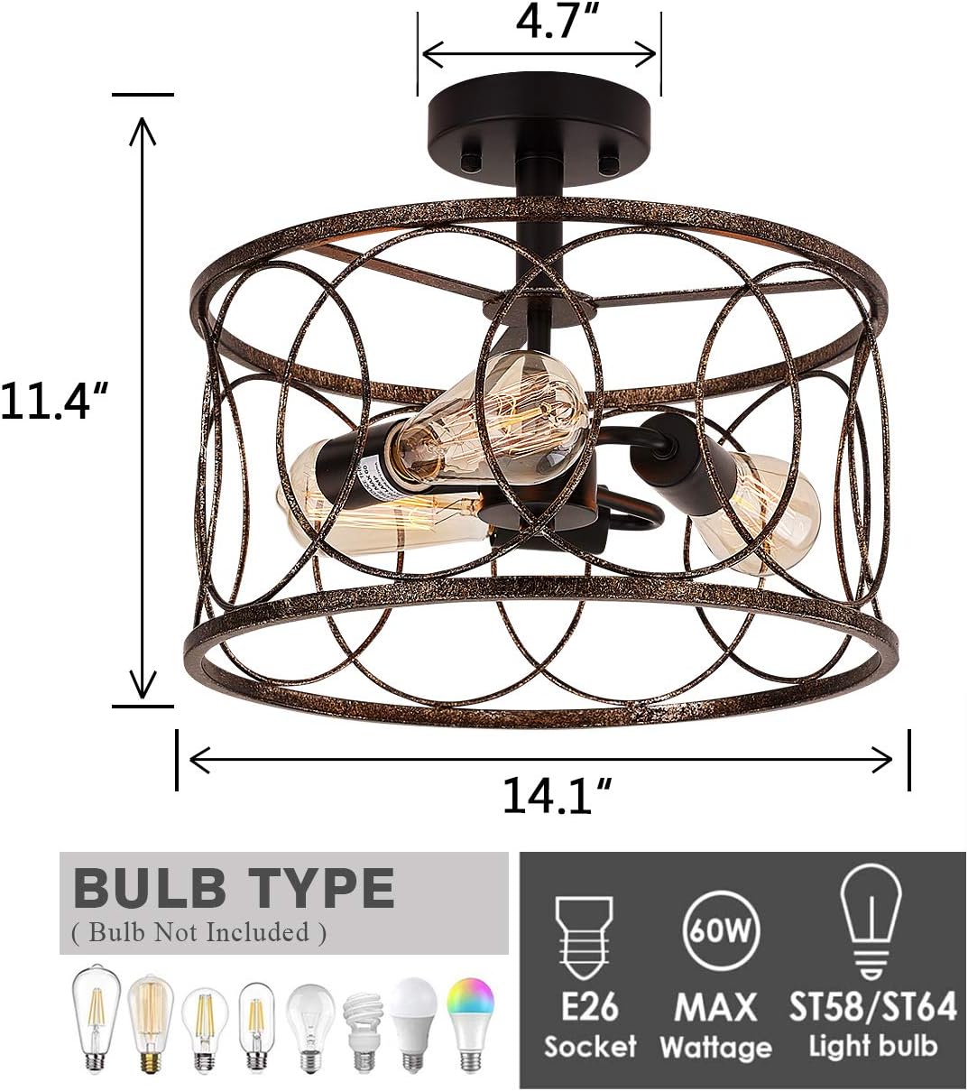 New Product Sophisa Vintage Semi Flush Mount Ceiling Light Fixtures Industrial Rust Finish Metal Cage Chandeliers for Living Room Dining Room Bedroom Kitchen Reading Room.