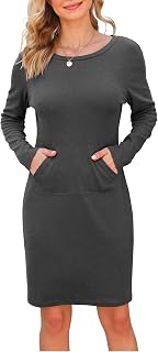 Casual Long Sleeve Round Neck Sweatshirt Dresses for Women Slim Fitted with Pockets Fall Fashion Loose Mini Dresses