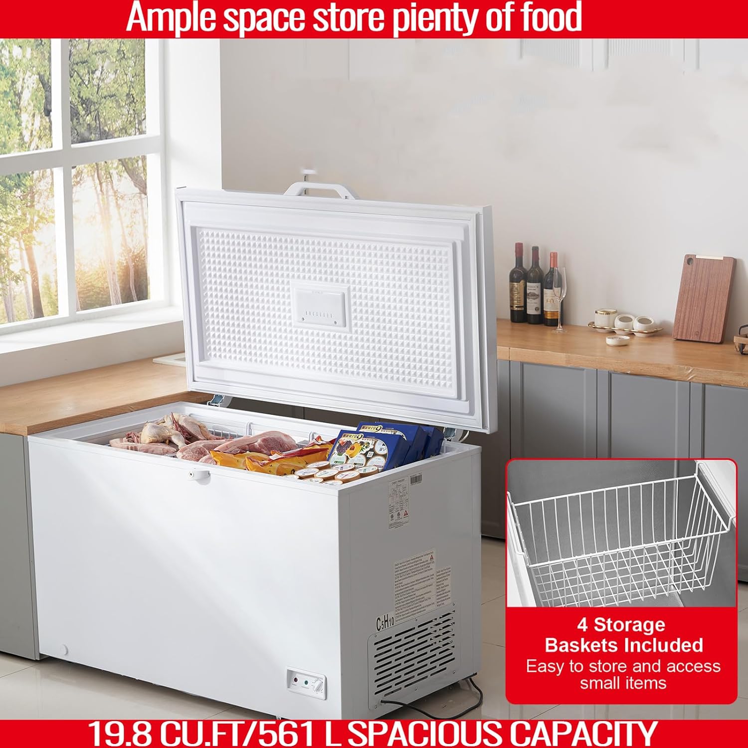 Happybuy Chest Freezer, 12.8 Cu.ft / 345 L Large Deep Freezer; 4 Removable Baskets; Freestanding, Top Open Door, Locking Lid, 7-Level Temp, LED Light, 6 Wheels