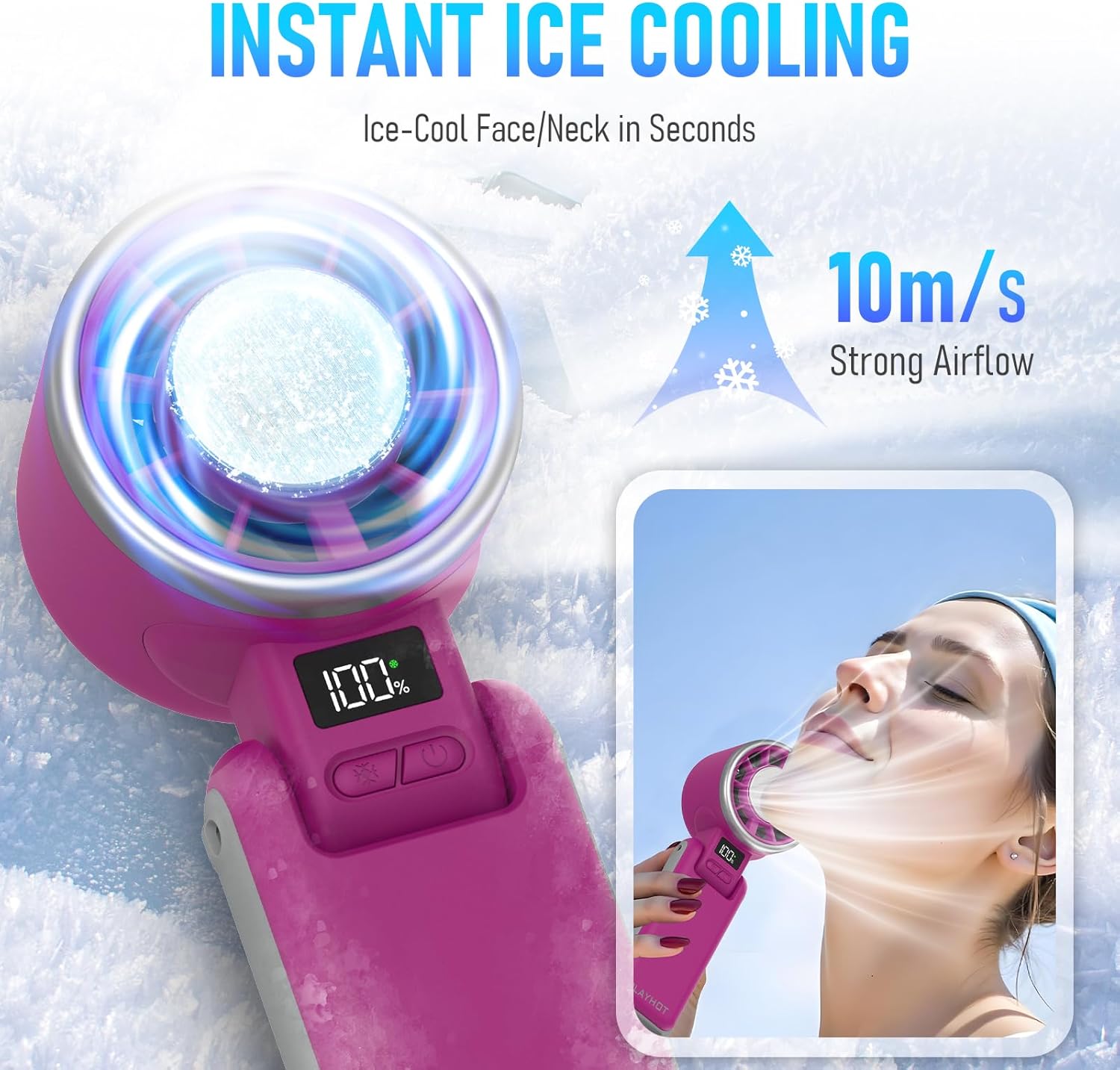 PlayHot Portable Handheld Turbo Fan with Ice Cooling, Rechargeable Personal Fan, Up tp 12Hrs Cooling, 5 Speed 25550RPM Powerful Portable Fan for Travel, Outdoor, Camping, Hiking (Magenta)