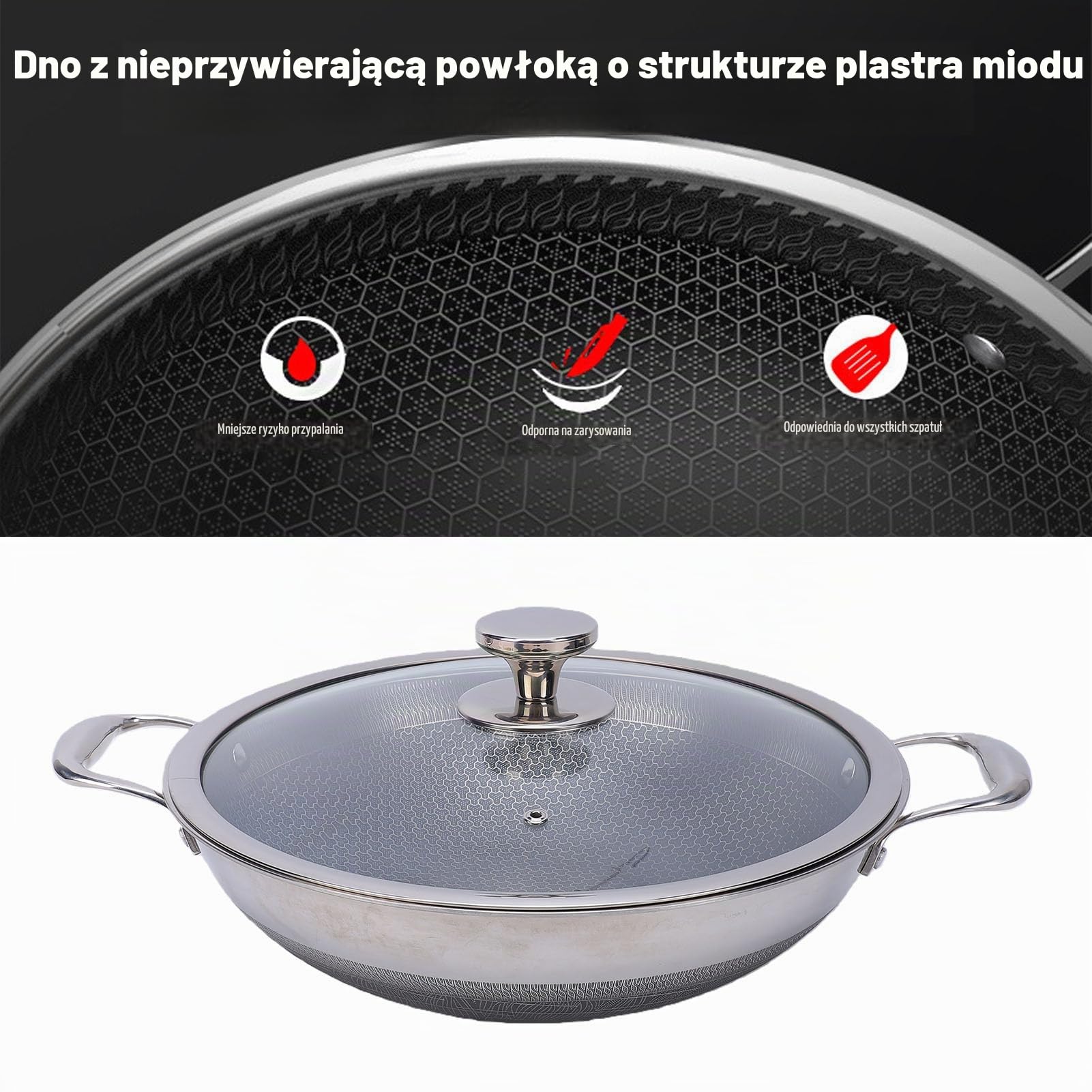 Nieprzywierająca patelnia do smażenia, Patelnia ze stali nierdzewnej 316 Dwustronna patelnia do smażenia z płaskim dnem o strukturze plastra miodu z pokrywką, można myć w
