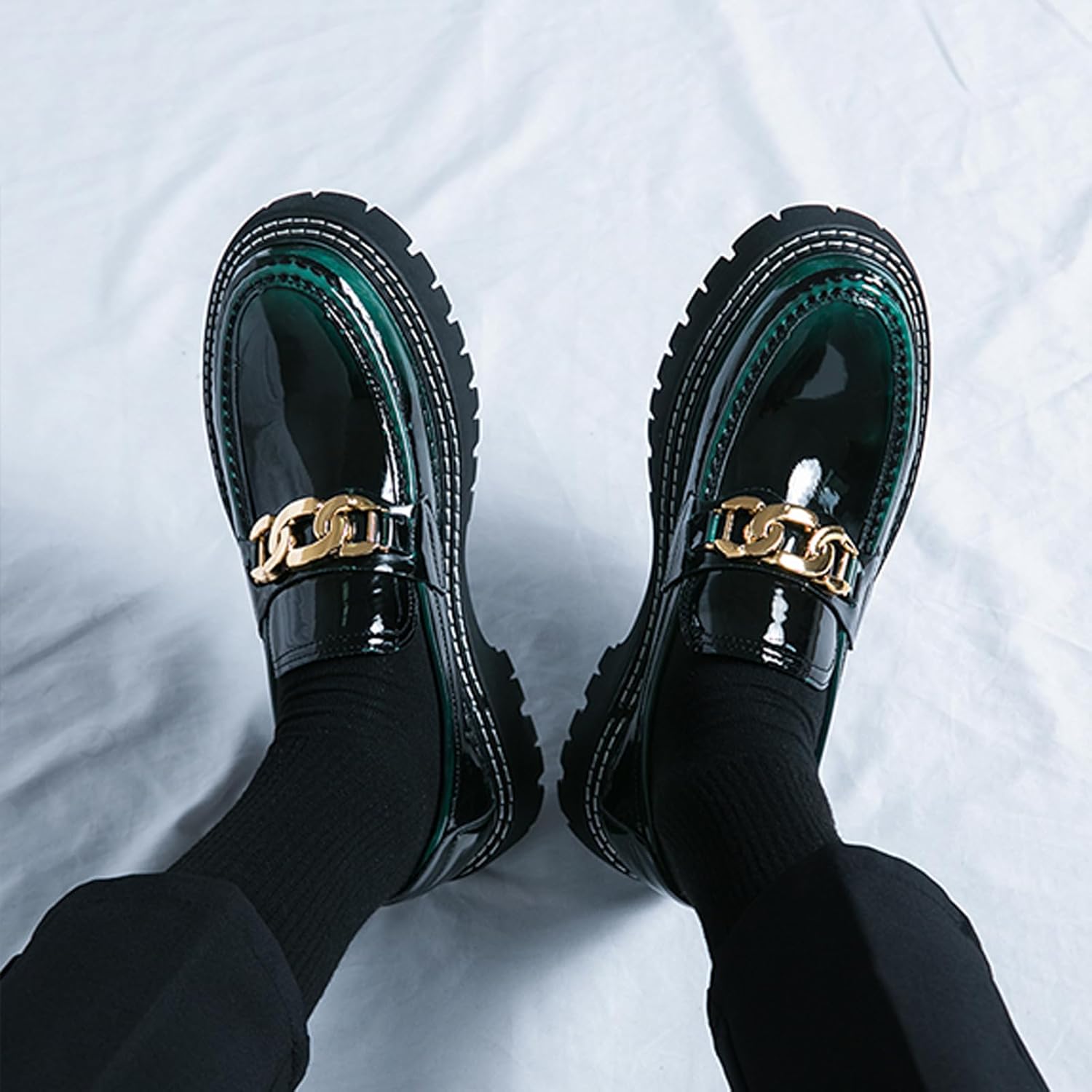 Men's Patent Platform Leather Classic Oxford Shoes Round Toe Lug Sole Non-Slip Lace-Up Business Leather Shoes Fashionable Work Formal Oxfords - Image 3