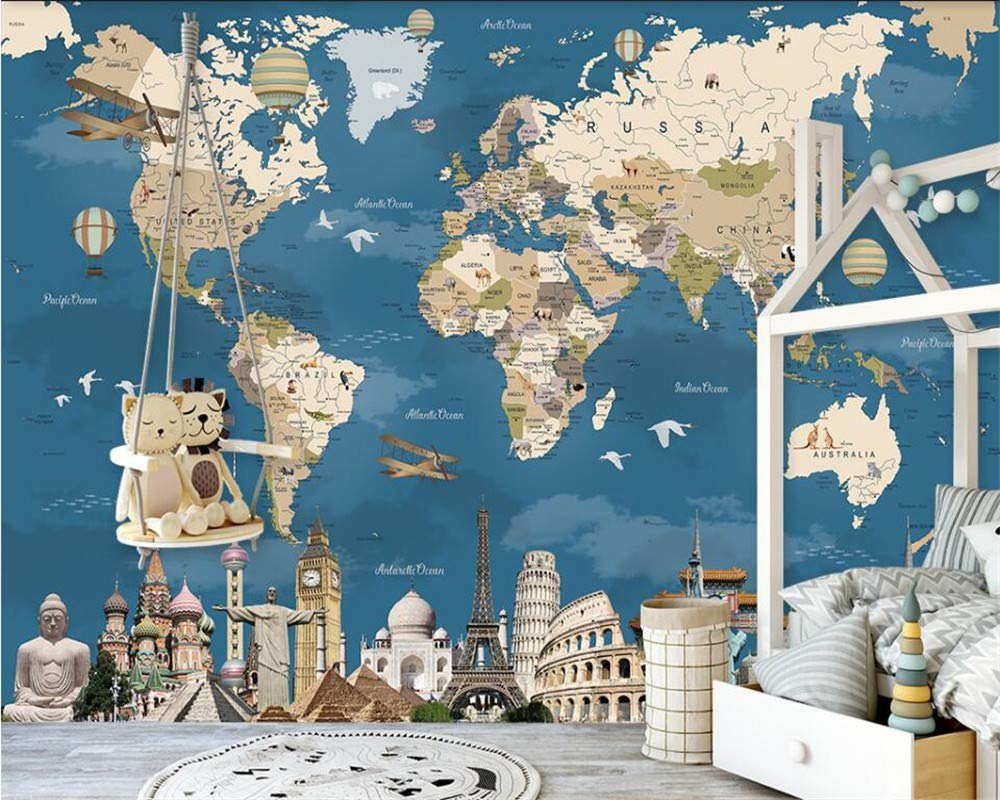 Fototapeta, fototapeta 4D DIY duża mapa świata słynne budynki sztuka mural do salonu sypialni, łatwe do przyklejenia wodoodporne naklejki ścienne dekoracja domu pokój dziecięcy przedszkole telewizor sofa tło, 2