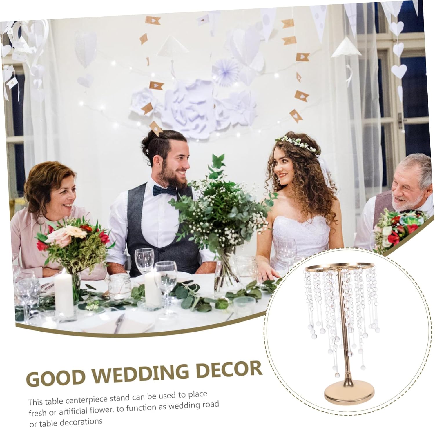 IMIKEYA Wedding Centerpiece Flower Stand with Chandelier Crystals Elegant Metal Vase for Table Decor for Wedding Party and Event Decorations Height