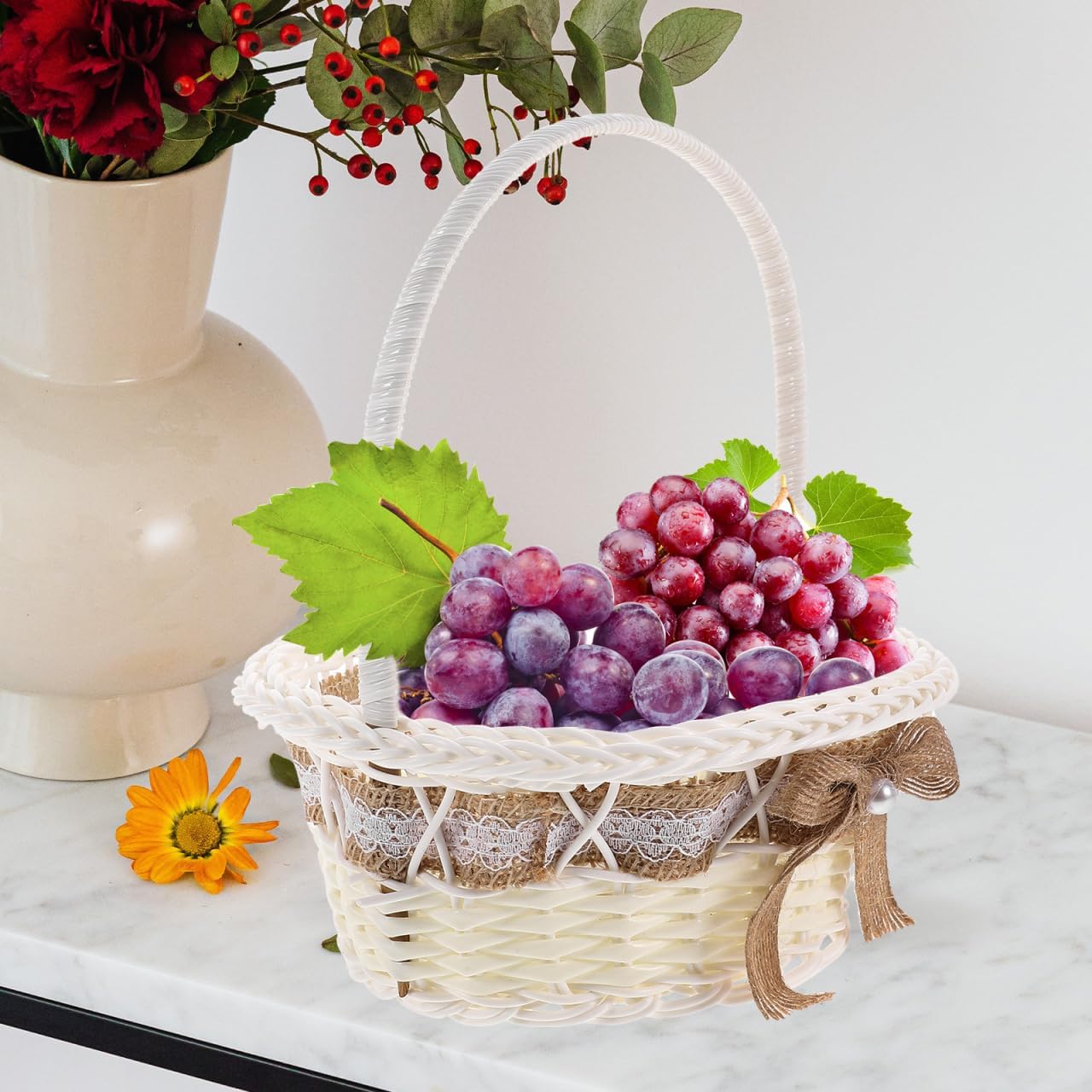 Rustic Flower Girl Basket with Handle 8.26X7.08X7.08 Inch Lightweight Woven Petal Basket for Wedding Party Ceremony Table Centerpiece
