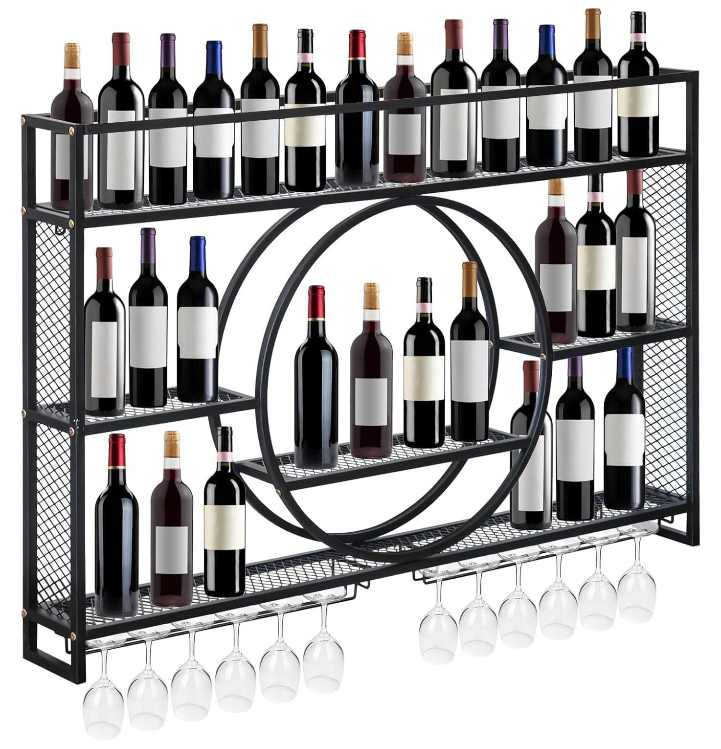 Casier à vin mural étagères pour bouteilles d'alcool et verres porte-bouchon métal noir 120cm