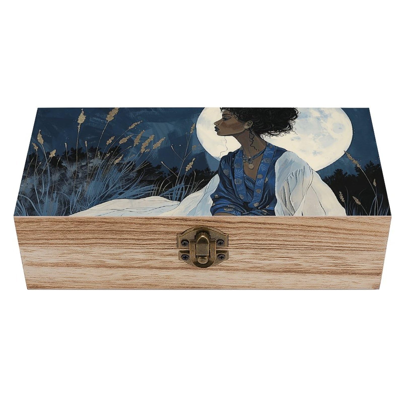 HLBSDM Vintage Wooden Storage Box Sit in Front of The Moon Keepsake Box for Jewelry Photos Letters Elegant Desktop Organizer for Home Office Decor