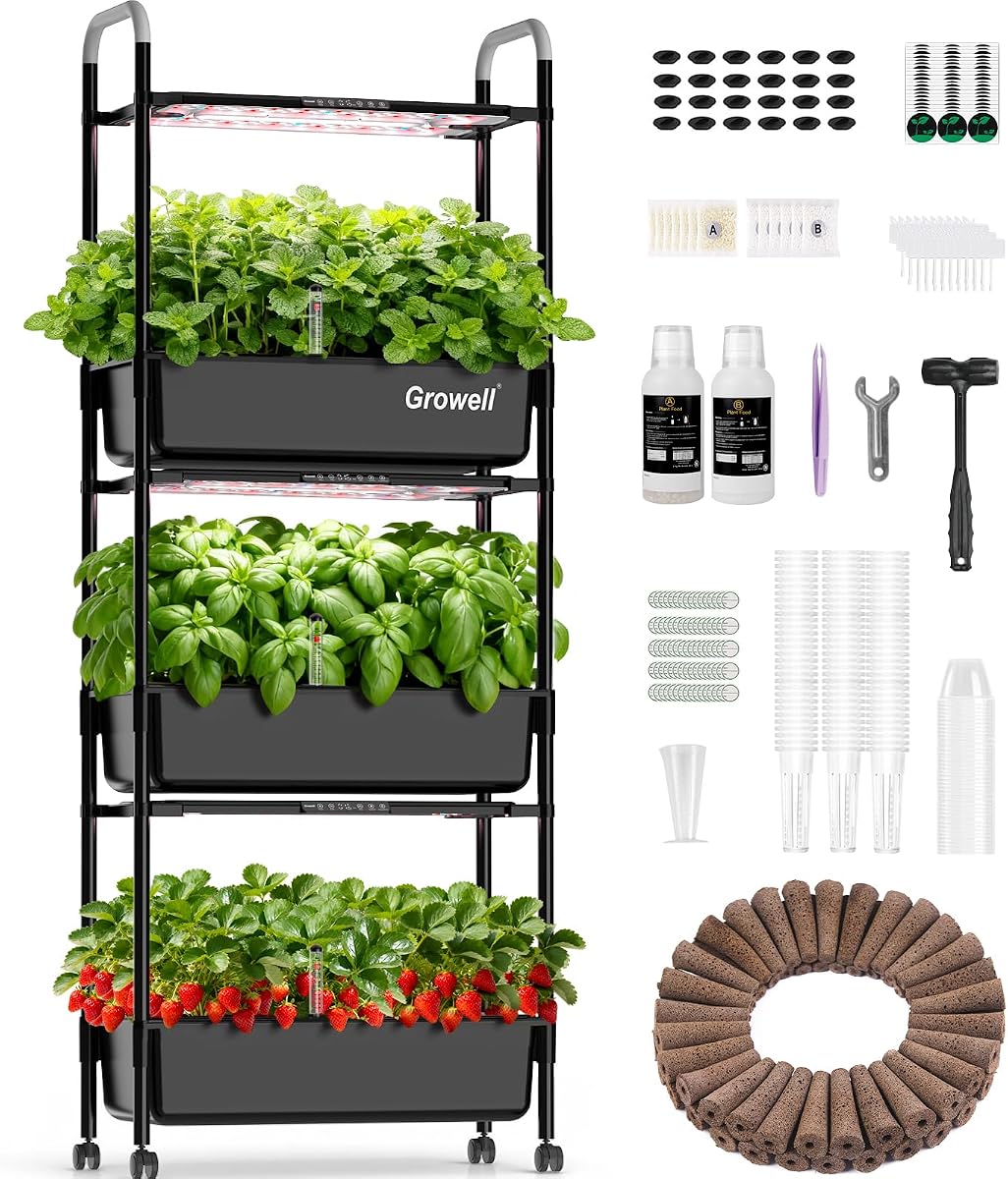 Growell Kit de sistema de cultivo hidropónico, 81 vainas de jardín vertical de hierbas para interiores con luz LED inteligente, bomba de agua de circulación automática en cada nivel, sistemas de jardinería hidropónica de 42 L para regalos ideales (negro)