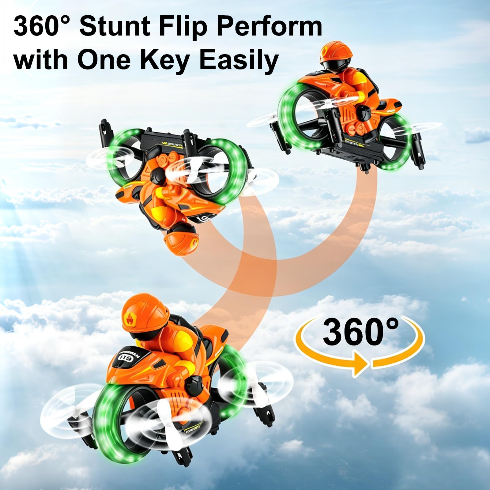 OBEST Motocicleta teledirigida 2,4 G, 2 en 1, avión no tripulado de tierra y aire, giro de 360°, vuelo flotante automático, modo sin cabeza, iluminación LED, función de carga USB