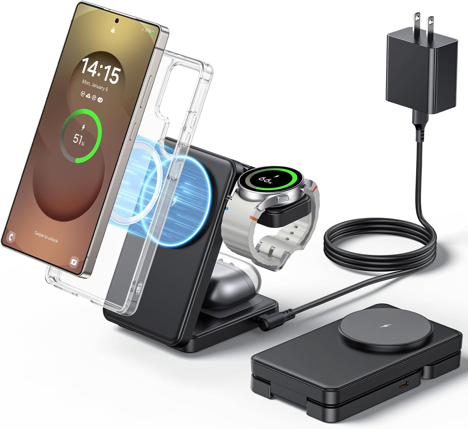 3 in 1 Magnetic Foldable Wireless Charger for Samsung, Fast Mag-Safe Charging Stand Station for Galaxy S26 S25 S24 S23 Ultra Plus/Z Fold/Flip 7/6/5, Galaxy Watch Ultra/8/7/6/5/Pro, Galaxy Buds/Pro