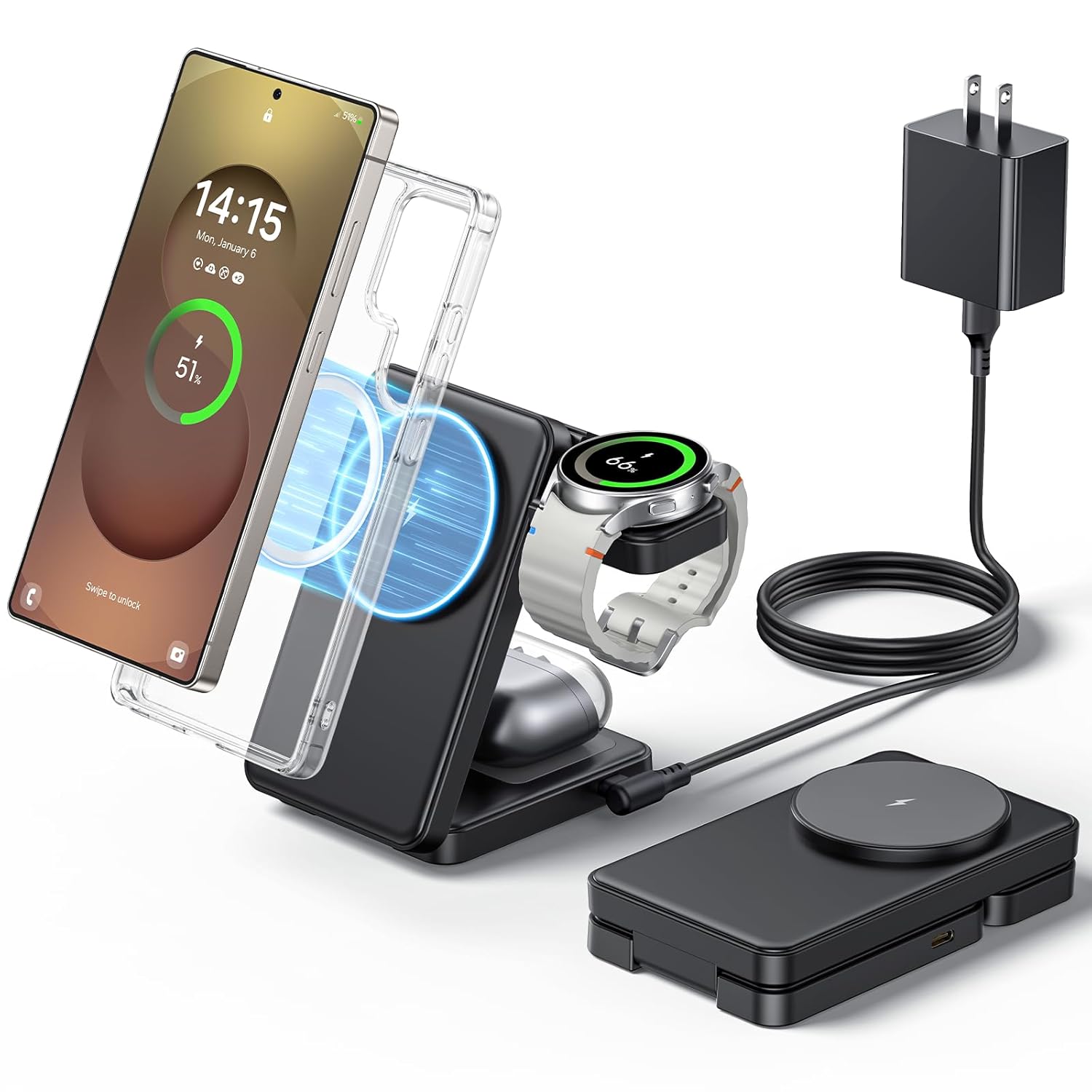 3 in 1 Magnetic Foldable Wireless Charger for Samsung Fast Mag-Safe Charging Station for Galaxy S26 S25 S24
