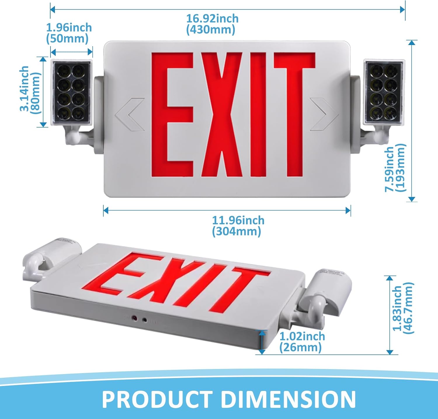 Double Sided LED Emergency EXIT Sign Combo, Two LED Lights, Backup Battery, US Standard Red Letter Emergency Exit Lighting, Commercial Grade, 120-277V, Fire Resistant (UL 94V-0) 4 Pack