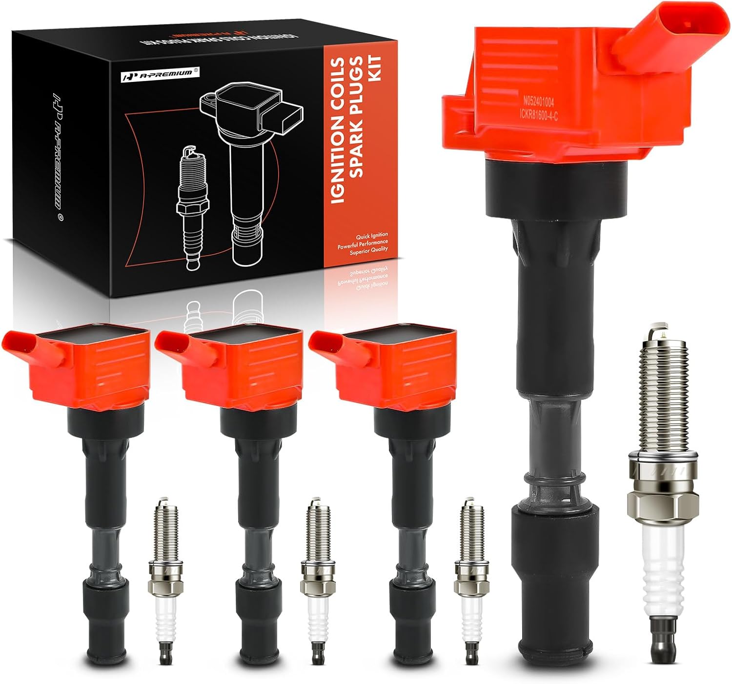 A-Premium (Red) Ignition Coil Pack and Iridium Spark Plugs Compatible with Hyundai & Kia Vehicles - Elantra 2015 Forte 2018, Forte Koup 2017-2.0L 4 Cyl Replaces for 273002E601, Set of 4