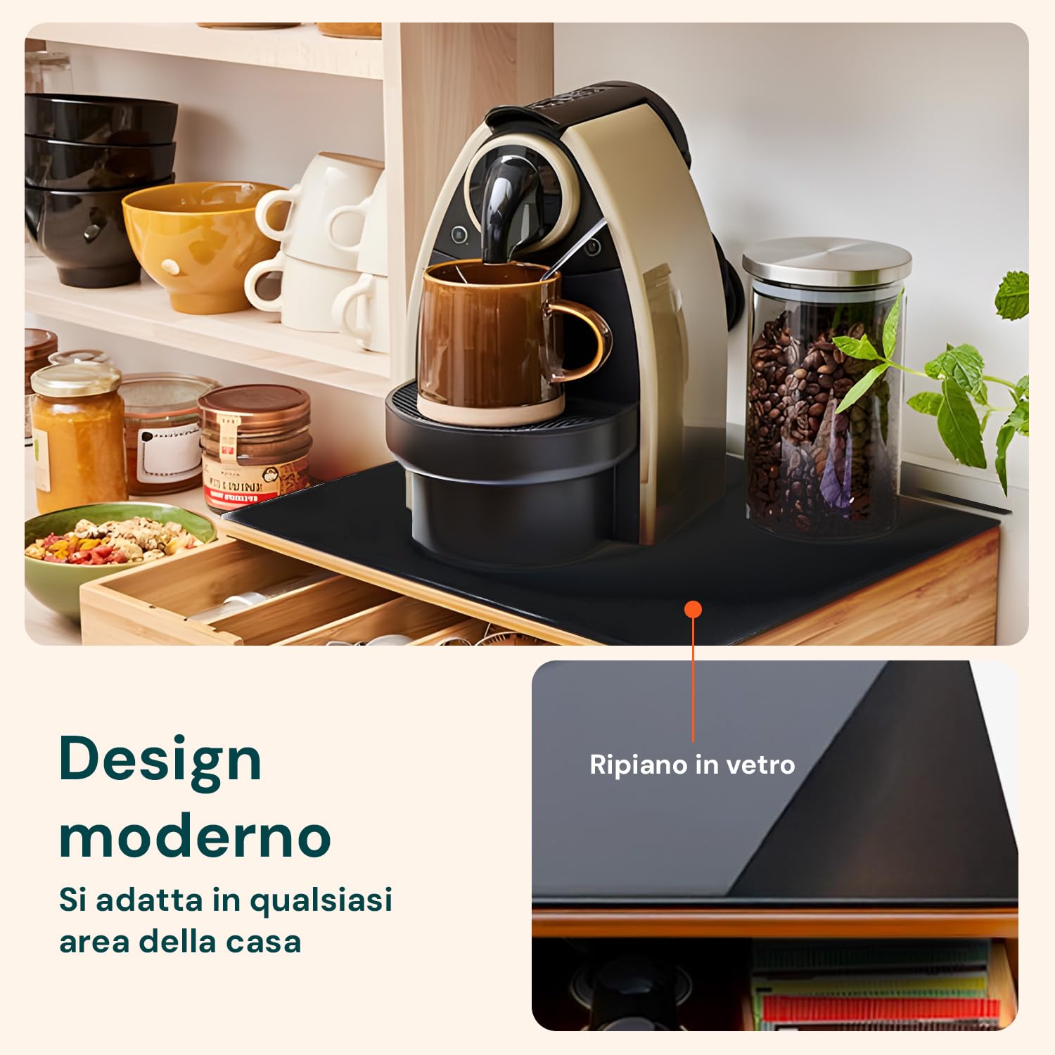 Avilia Porta Cialde in Bambù con Cassetto e Ripiano in Vetro – Organizer per Cialde, Capsule e Tisane – Porta Capsule Caffè, Bustine The e Zucchero – Ideale per Angolo Caffè in Cucina e Ufficio