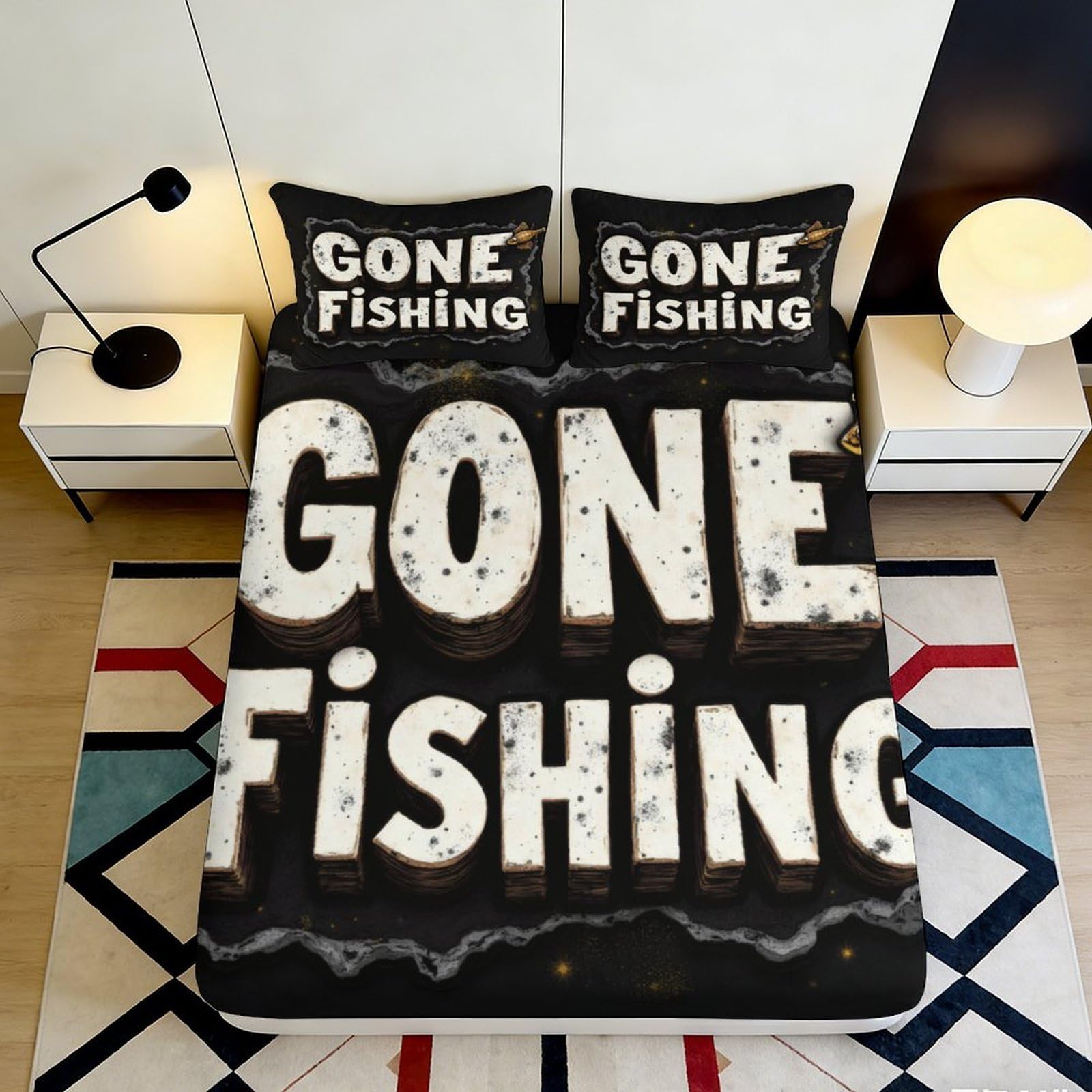 3D Printed Gone Fishing Fitted Sheet Microfiber Soft Durable Bed Cover for Bedroom Guest Room Dorm Decor 90x200x25cm
