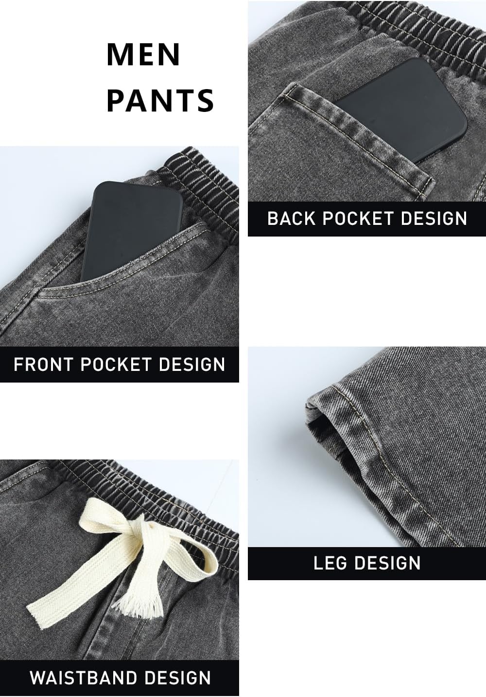 Mens Baggy Jeans Elastic Waisted Denim Pants for Men with Drawstring Streetwear - Image 6