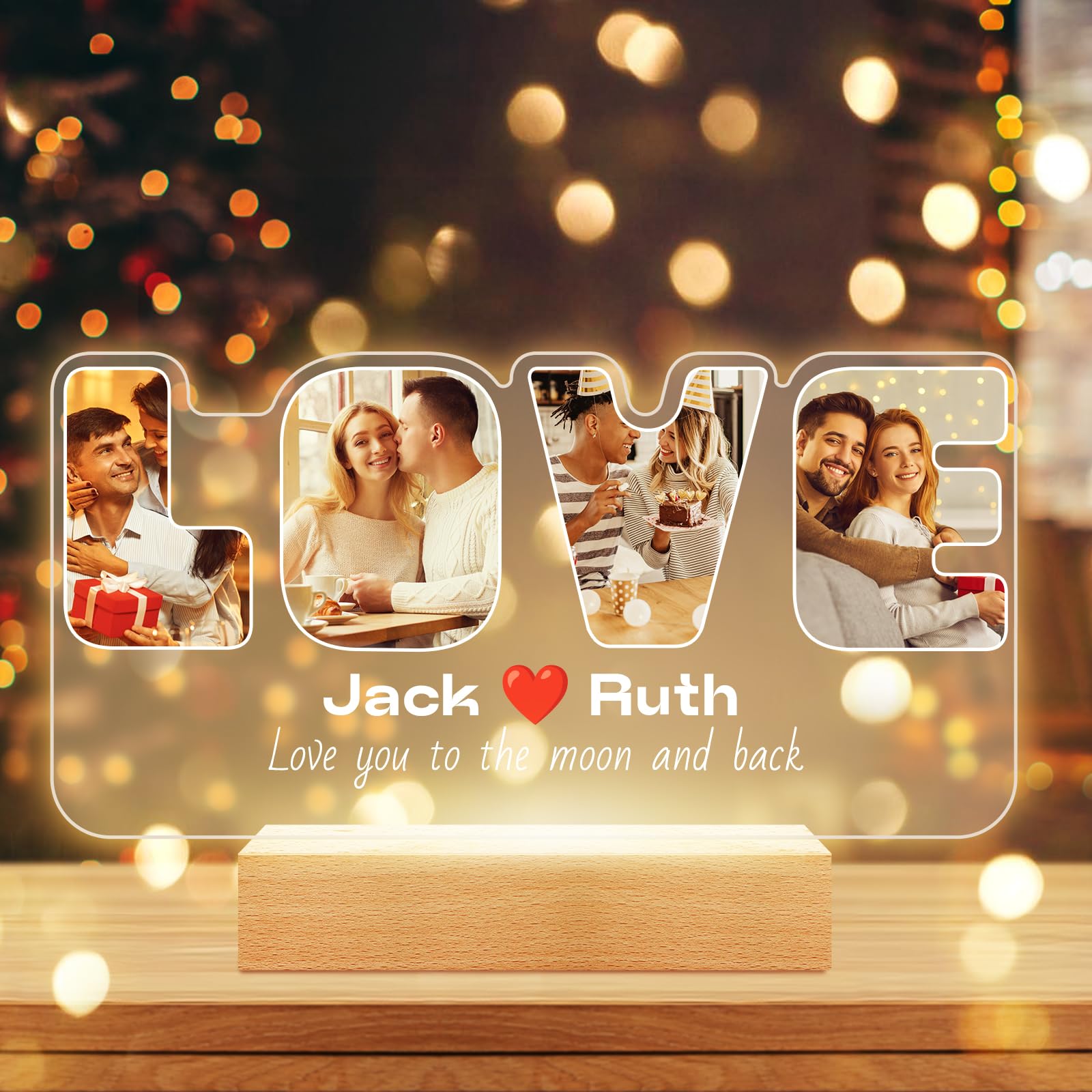 Personalised Photo Frame with Photos, Custom LOVE Picture Frames with Night Light, Personalised Anniversary Couples Gifts for Women, Men, Her, Him, Boyfriend, Girlfriend