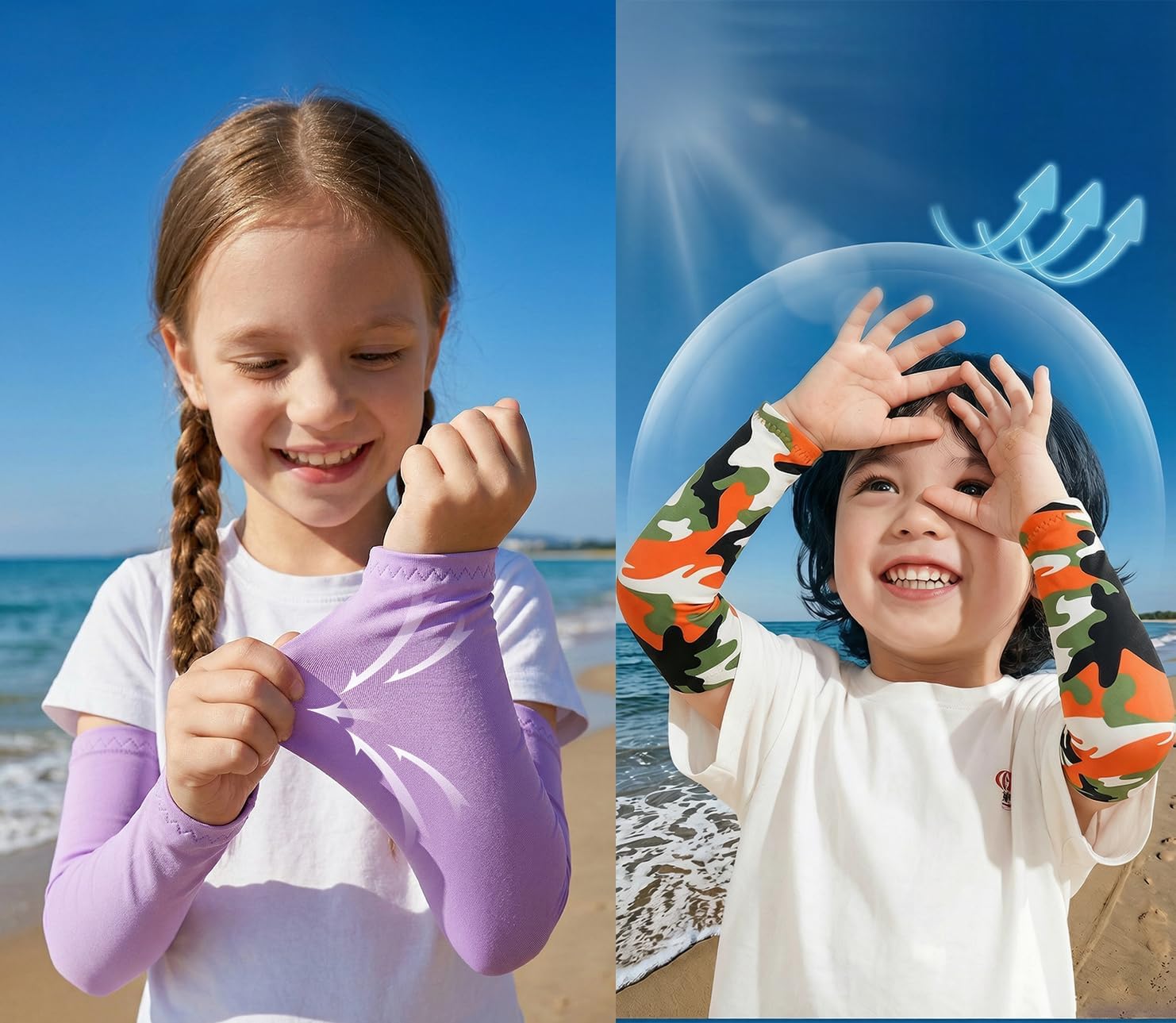 2 Pairs Arm Sleeves For Kids, UV Sun Protection Compression Sleeves Cover | 3D Print Muti Color For Boys & Girls, UPF 50+ UV Sun Protection, For baseball volleyball football basketball softball or so.