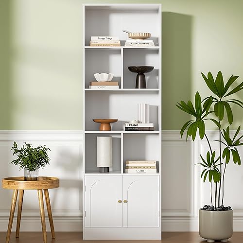 Estantería de 71 pulgadas de alto con 6 cubos y 2 puertas, estantería de 4 niveles, estantería abierta con gabinete, organizador de almacenamiento